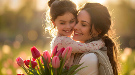 A mother and daughter sharing a heartfelt hug amidst a vast field of vibrant tulips in full bloom, Mother`s Day concept - Powered by Adobe