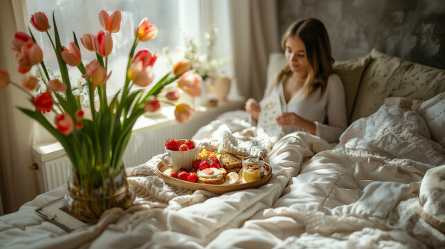 A woman sits gracefully on a luxurious bed, delicately holding a tray of delectable food,  Breakfast in bed Mother`s Day concept