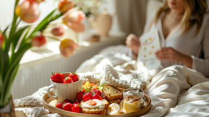 A stylish woman with long dark hair sits cross-legged on a plush bed, elegantly enjoying a tray of delicious food, Breakfast in bed Mother`s Day concept - obrazy, fototapety, plakaty