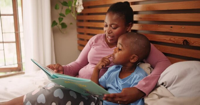 Mother, kid and reading book for home education, learning and teaching in storytelling and language development. African family, mom and child listening for support in literacy, thinking or knowledge