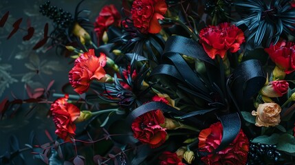 Dark Floral Arrangement with Red Carnations and Black Ribbon - Moody, Gothic, Close Up