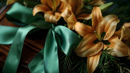 Easter Joy Close-up of Lilies and Green Ribbon Wreath on Rich Brown Wood, Celebrating Ash Wednesday and Easter Season