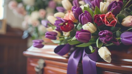 Elegant Tulips Adorn Open Casket in Somber Church Funeral