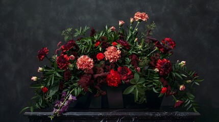 Fototapeta na wymiar Mysterious Moody Floral Arrangement with Dark Red Carnations and Roses in Square Black Vases on Old Marble Table