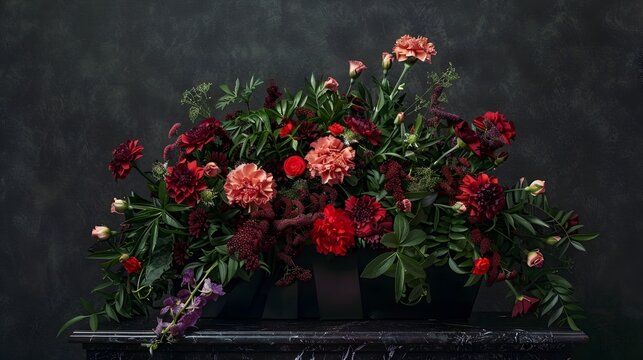 Mysterious Moody Floral Arrangement with Dark Red Carnations and Roses in Square Black Vases on Old Marble Table