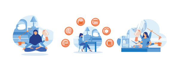 Multitasking Work concept. Happy business woman with multitasking skills sitting at his laptop. Overloaded person in pressure. Set flat vector modern illustration