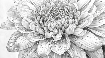 Hyper-realistic pencil drawing of a dewy Chrysanthemum, focusing - obrazy, fototapety, plakaty