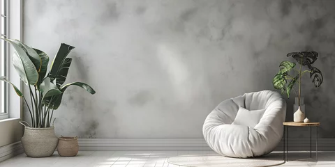 Crédence de cuisine en verre imprimé Gris foncé Interior of a minimalist gray living room with a sofa on a wooden floor. large wall decoration White landscape in the window. 3D illustration