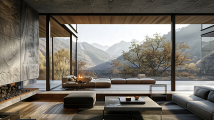 Luxury mountain resort, blending into natural landscape with min