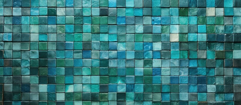 Background texture of old handmade green and turquoise ceramic mosaic tiles with wide field of view.