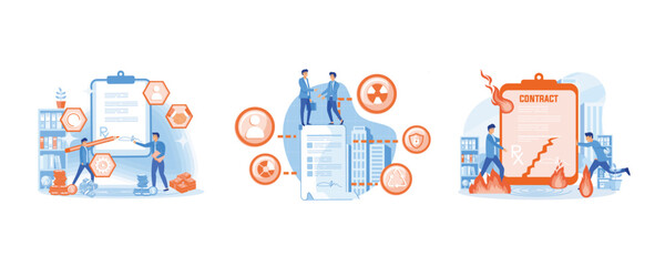 Businessman signing a contract. Agreement. Cancellation of a contract. Set flat vector modern illustration