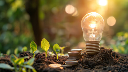 Light Bulb Tree and Coin Light Bulb Inspire Venture empowers entrepreneurs with capital for innovative startup ideas. - obrazy, fototapety, plakaty