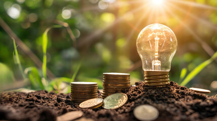 Light Bulb Tree and Coin Light Bulb Inspire Venture empowers entrepreneurs with capital for innovative startup ideas. - obrazy, fototapety, plakaty