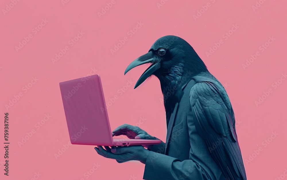 Fototapete Black crow bird in suit using a laptop while working on bright pastel background. advertisement. presentation. commercial. editorial. copy text space.