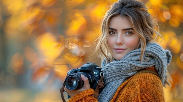 Female photographer with camera in the autumn