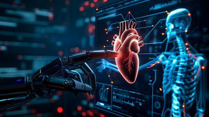 Vector. The index finger of the robot touches the human heart. Concept. Medical healthcare with AI technology. Organ x-ray examination and virtual holographic scan.