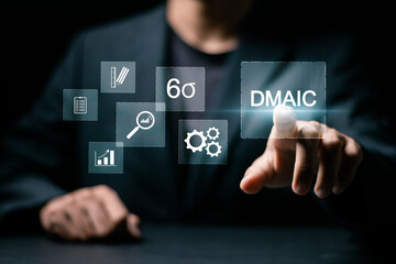 DMAIC concept. Define, Measure, Analyze, Improve and Control. Businessman touching DMAIC continuous...
