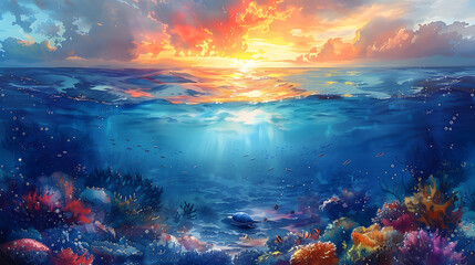 Captivating Half Underwater Seascape and Sky with Landscape in Watercolor Painting, Beauty of Coral, Marine Life, Explore the Connection of Sea and land, Nature Enthusiasts and Artistic Decoration. - obrazy, fototapety, plakaty