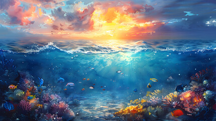 Captivating Half Underwater Seascape and Sky with Landscape in Watercolor Painting, Beauty of Coral, Marine Life, Explore the Connection of Sea and land, Nature Enthusiasts and Artistic Decoration. - obrazy, fototapety, plakaty
