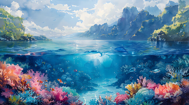 Captivating Half Underwater Seascape and Sky with Landscape in Watercolor Painting, Beauty of Coral, Marine Life, Explore the Connection of Sea and land, Nature Enthusiasts and Artistic Decoration.