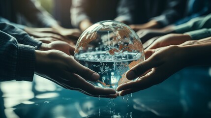 Group of people holding hands around a globe submerged in water, highlighting global cooperation for water conservation, World Water Day concept