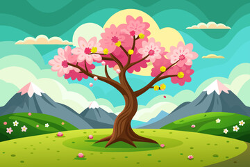 Obraz premium A picturesque spring backdrop features a vibrant tree bursting with verdant foliage.