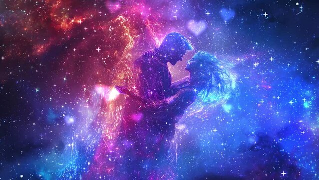 celestial with a couple illustration. amidst the celestial tapestry a lone woman and a man dancing. seamless looping overlay 4k virtual video animation background