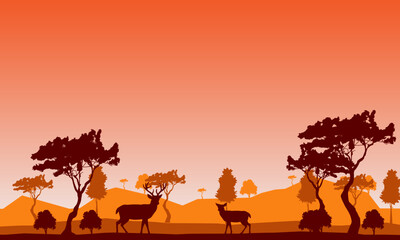 African savanna at sunset. Silhouettes of animals and plants. Realistic vector landscape. The nature of Africa. Reserves and national parks.