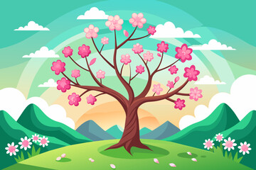 Tree branches blossoming with vibrant spring flowers in a picturesque outdoor setting.
