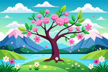 Fototapeta na wymiar Tree branches blossoming with vibrant spring flowers in a picturesque outdoor setting.