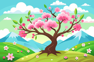 A picturesque spring backdrop features a vibrant tree bursting with verdant foliage.