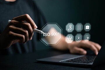 ISO 9001 Standard certification standardisation quality control concept, Person use laptop with ISO...