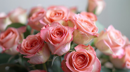 Beautiful pink roses in a vase on a light background.