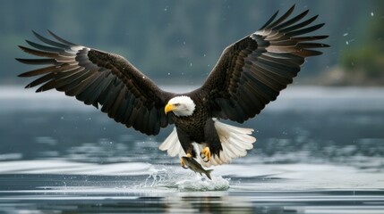 Obraz premium Eagle catch the fish at the lake