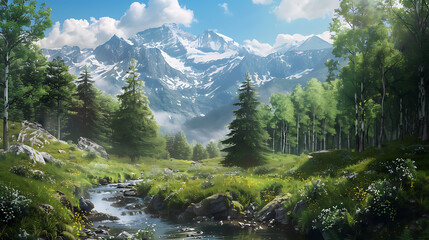 Fototapeta na wymiar Fantasy landscape with mountain river and green forest.