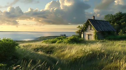 Foto op Canvas Beautiful summer landscape with a house on a meadow in front of the sea © Liliya
