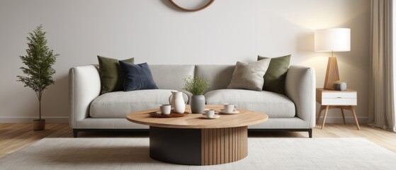 Scandinavian home interior design. Round wood coffee table against white sofa. 