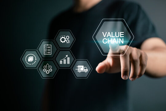 Value chain Business Concept. Process of procuring raw materials until the product reaches the customer. Businessman touching value chain icon on virtual screen.
