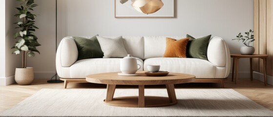 Scandinavian home interior design. Round wood coffee table against white sofa. 