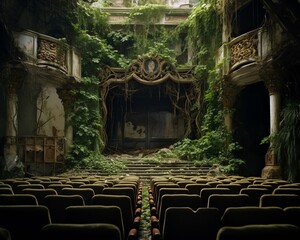 A haunting scene of a dilapidated movie theater being overtaken by vines and mossgraphic design