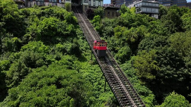 PITTSBURGH - 1.22.2024 - Excellent aerial footage following a funicular car uphill to the station of the Duquesne Incline in Pittsburgh, Pennsylvania.