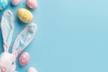 Top view photo of easter bunny ears white pink blue and yellow eggs on isolated pastel blue...