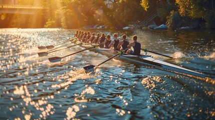 Rowers in eight-oar rowing boats on the tranquil lake
