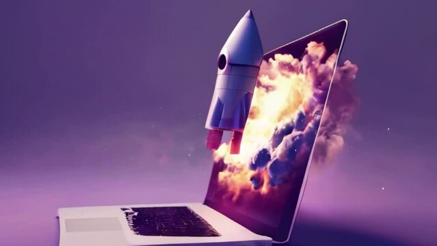 Launching Space Rocket From Laptop Screen startup business project
