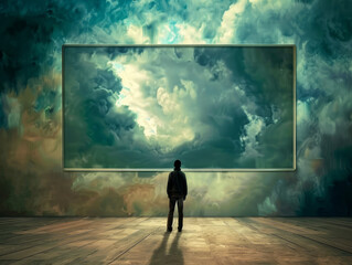 Contemplative Figure Before a Window into a Stormy Sky, Copy Space