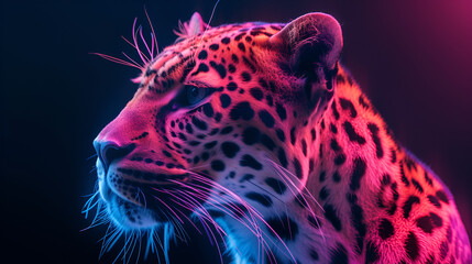 Template of a fierce leopard under colorful pink and blue neon light background.  generative ai 
