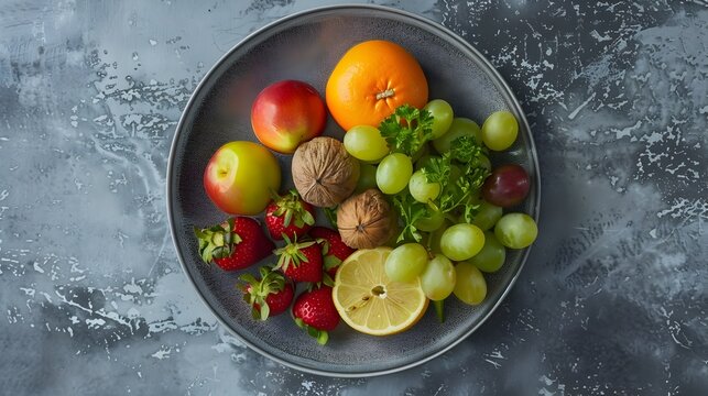 Graceful Arrangement of Fresh Fruits, Nuts, and Vegetables on a Plate, Exuding Natural Beauty and Radiant Health