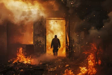 Foto op Aluminium A man trapped in a burning building, looking for a way out, with smoke and flames everywhere © Formoney