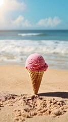 Pink Cherry Vanilla Ice Cream Cone on Sunny Beach Day