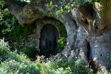 A magical door at the base of an old oak tree, leading to a hidden realm